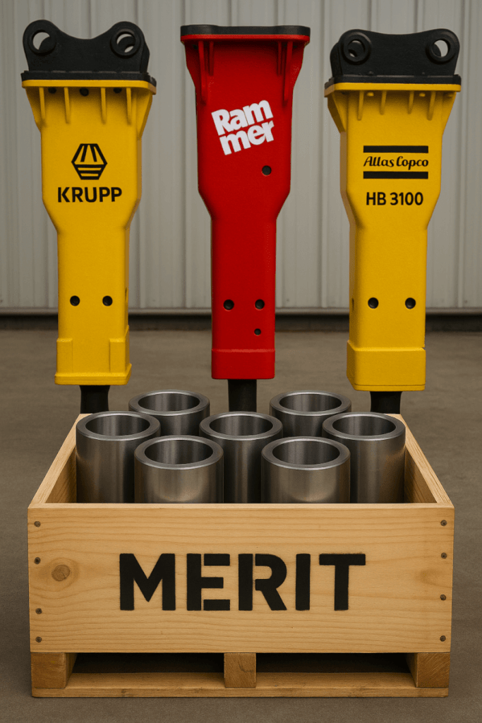 Осеви втулки в дървена кутия с марка MERIT пред хидравлични чукове Krupp, Rammer, Atlas Copco