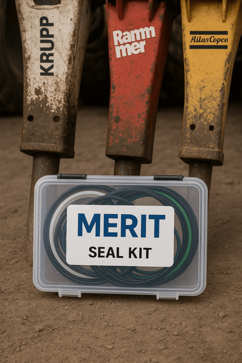 Kompletní těsnicí souprava v plastové krabici značky MERIT před hydraulickými kladivy Krupp, Rammer, Atlas Copco